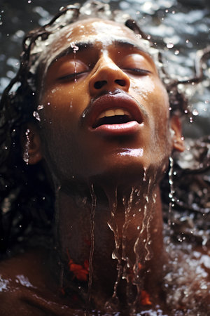 Young african american woman in water. Beauty, fashion.の素材