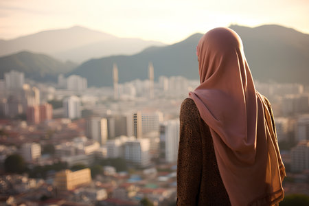 Hijab with cityscape in the background at sunset time.の素材