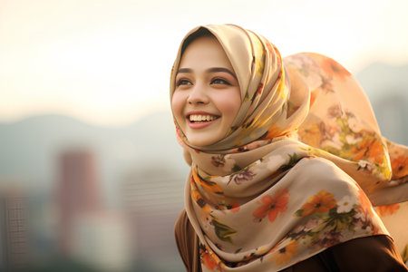 Portrait of beautiful Asian muslim woman wearing hijab smiling and looking at camera.の素材