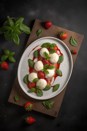 Caprese salad with mozzarella cheese, basil and strawberry on black backgroundの素材
