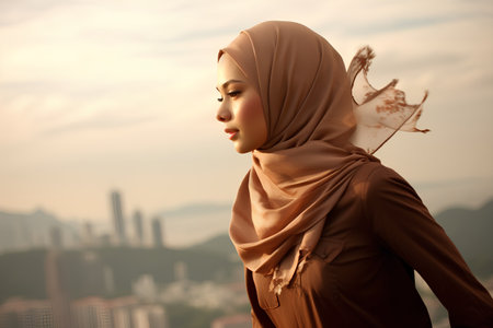 Portrait of muslim woman with hijab looking at the city.の素材