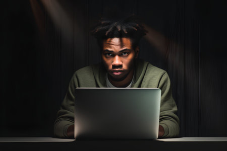 African american man with afro hairstyle using laptop in dark roomの素材