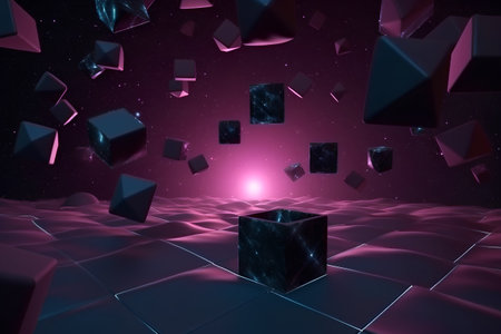 abstract 3d illustration of low poly cube in space with starsの素材