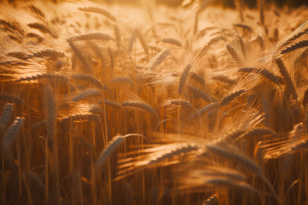 Wheat field at sunset. Ears of golden wheat close-up. Rich harvest Concept.の素材