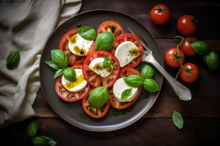 Caprese salad with tomatoes, mozzarella cheese and basil on wooden backgroundの素材