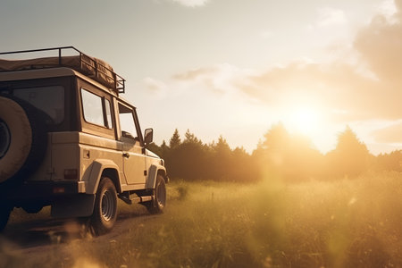 Off-road vehicle on the road in the field at sunset.の素材