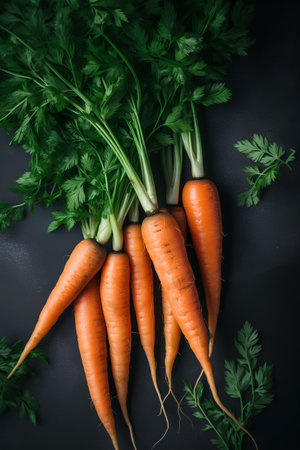 Bunch of fresh carrots with green leaves on black background, top viewの素材
