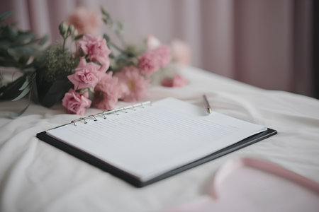 Notebook on the bed with a bouquet of pink flowers.の素材