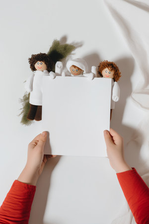 top view of female hands holding blank sheet of paper with rag dollsの素材