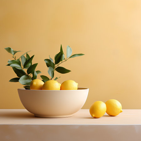 Lemons in a bowl on a yellow background. 3d renderingの素材