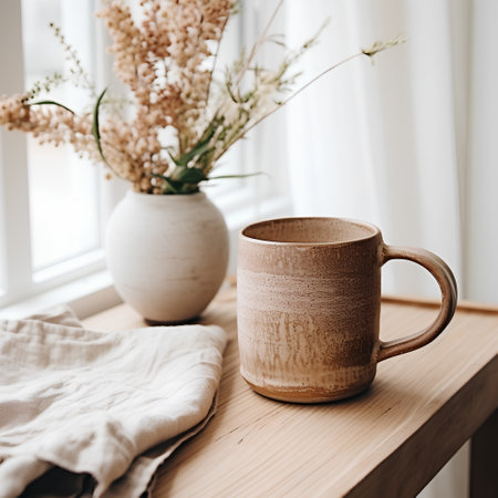 coffee cup on wooden table in living room with flower vaseの素材