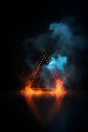 abstract triangle with fire and smoke on black background. 3d illustrationの素材