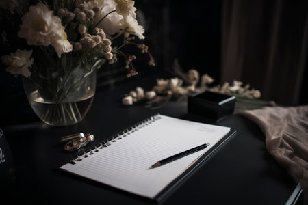 Notebook and pen on a black table with a vase of flowersの素材