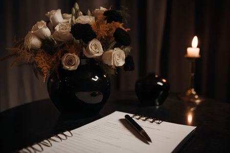 A bouquet of roses in a vase and a notebook on a dark backgroundの素材