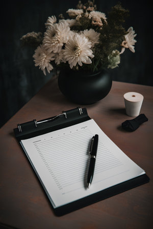 Pen and notebook on the table with flower vase in the background.の素材