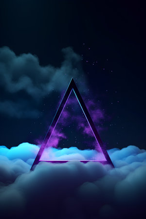 Glowing triangle in the night sky with clouds. Vector illustration.の素材