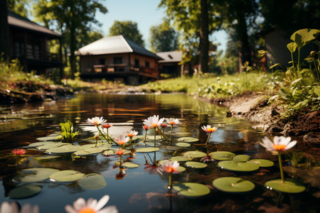 Water lilies in the pond with wooden house in the background.の素材
