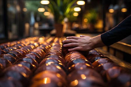 Close up of hands of a man holding a candle in a restaurantの素材