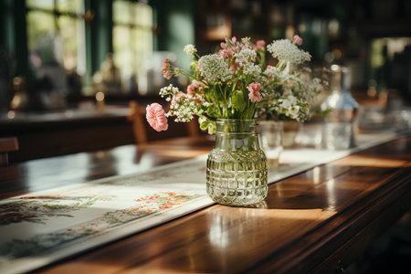 Bouquet of flowers in glass vase on wooden table in cafeの素材
