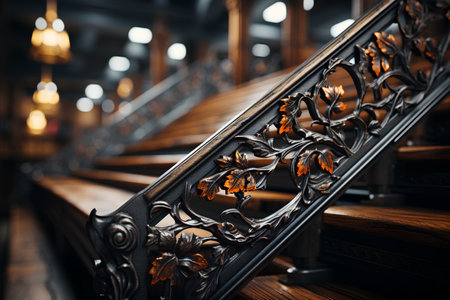Vintage wrought iron handrail in the interior of the old building.の素材