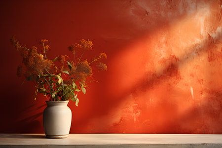 Bouquet of dry flowers in vase on wooden table over red wallの素材