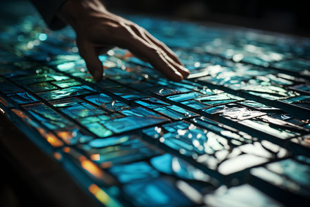 Close up of a man's hand touching a stained glass window.の素材