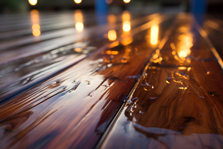 Burning candles in the rain on a wooden deck. Selective focus.の素材