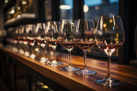 Glasses of red and white wine on wooden shelf in restaurant.の素材