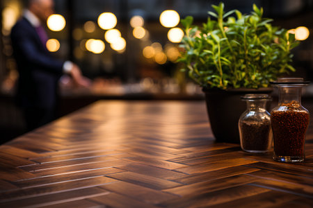 Coffee beans and salt shaker on wooden table in restaurantの素材