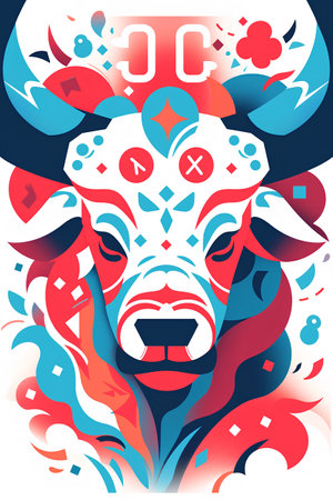 Vector illustration of the face of a tiger with blue and red spots.の素材