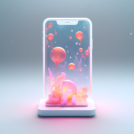 Mobile phone with floating jellyfish. 3d vector illustration in neon style.の素材