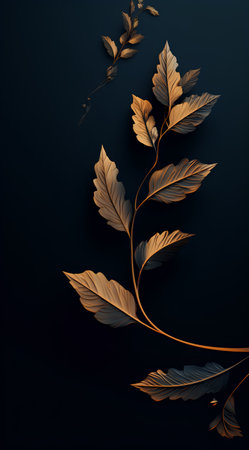 3d golden leaves on dark background. Vector illustration for your designの素材