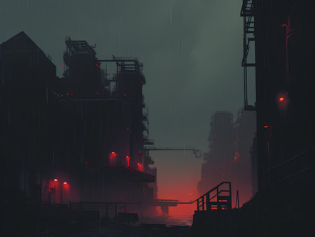 Foggy industrial building in the city at night. Vector illustration.の素材
