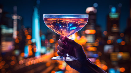 Cocktail in hand on a background of the night city.の素材