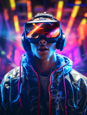 Portrait of a young man in virtual reality glasses against colorful backgroundの素材