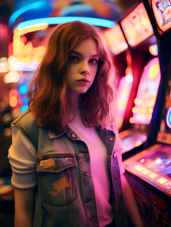 Portrait of a beautiful young woman playing slot machine at night.の素材