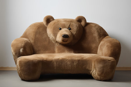 Brown teddy bear sitting on a sofa in front of a wallの素材