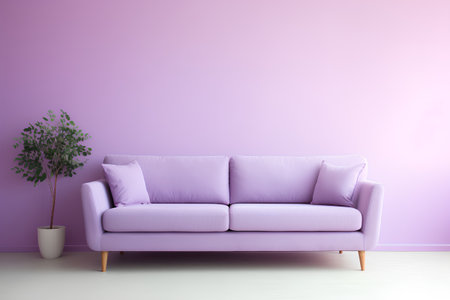 Purple sofa in modern interior with plant. 3d render illustrationの素材