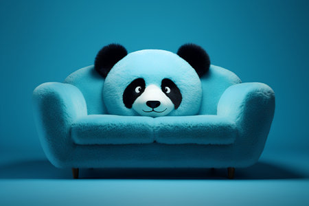 Panda sitting in a blue armchair. 3D illustration.の素材
