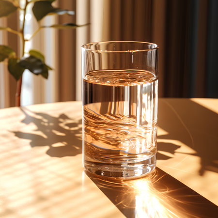 Glass of water on a table in the sunlight. Selective focus.の素材