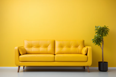 Yellow sofa and plant on yellow wall background. 3d render.の素材