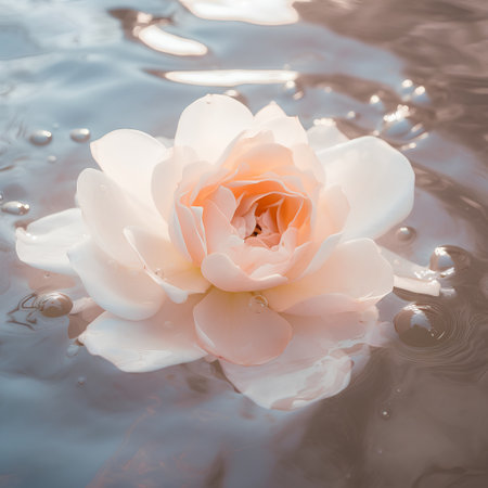 Beautiful white rose on the water surface. Vintage style toned pictureの素材