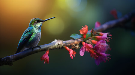 Hummingbird sitting on a branch with flowers in the background.の素材
