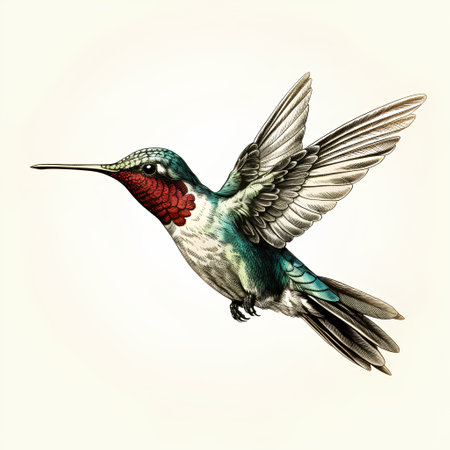 Hummingbird flying with open wings. Hand drawn vector illustration.の素材