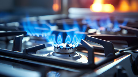 Gas burner with blue flames on the background of a burning gas stoveの素材