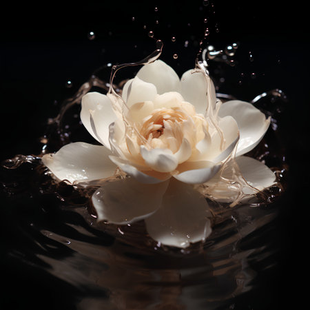 Beautiful white flower on a dark background with water splashes.の素材