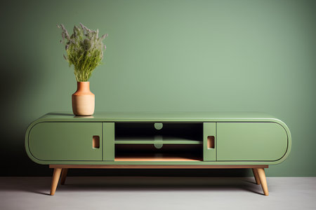 Green cabinet with vase and vase on the table. Minimalist interior. 3d renderの素材