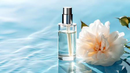 Perfume bottle on blue water with white peony flower.の素材