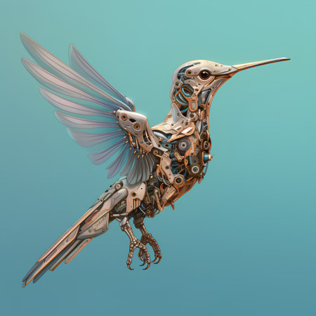 Fantasy flying hummingbird isolated on blue background. 3d renderingの素材