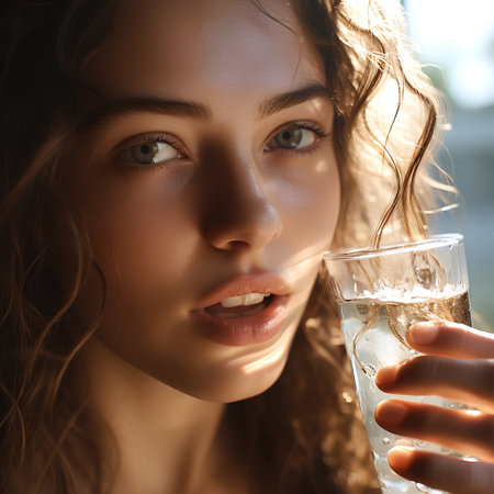 Close-up portrait of beautiful young woman drinking water from glass.の素材